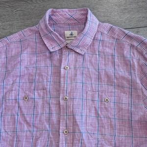 Johnnie O Hangin Out Button Down Shirt‎ Mens Medium Pink Plaid Linen Casual
